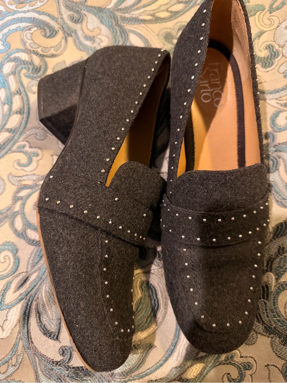 Franco Sarto Charcoal Studded Wool Block Heel Loafers Sz 8
